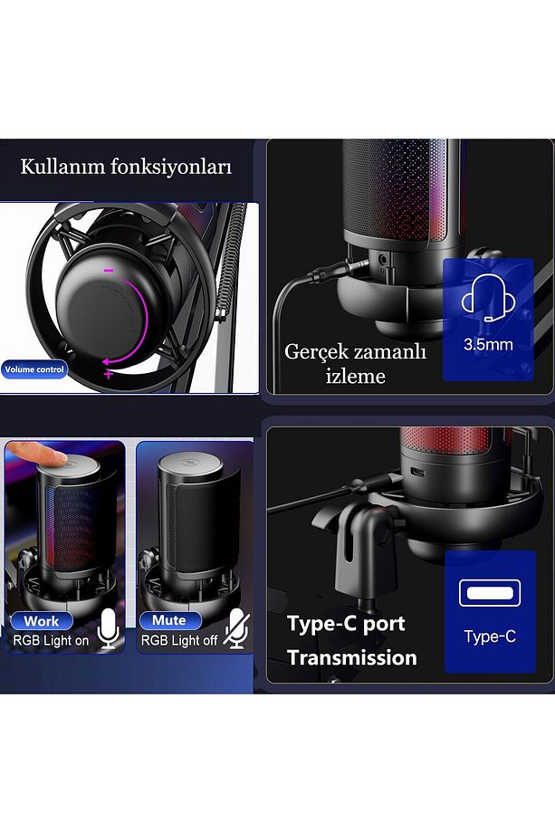 Rgb Ve Usb Podcast Gamer Youtuber Mikrofon Seti Online Ders Oyuncu Yayıncı Condenser Mikrofon Seti - 5