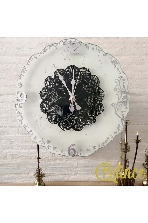 Epoksi Reçine Duvar Saati - Siyah Dantelli Gümüş Taşlı - Çap 30 Cm - 1