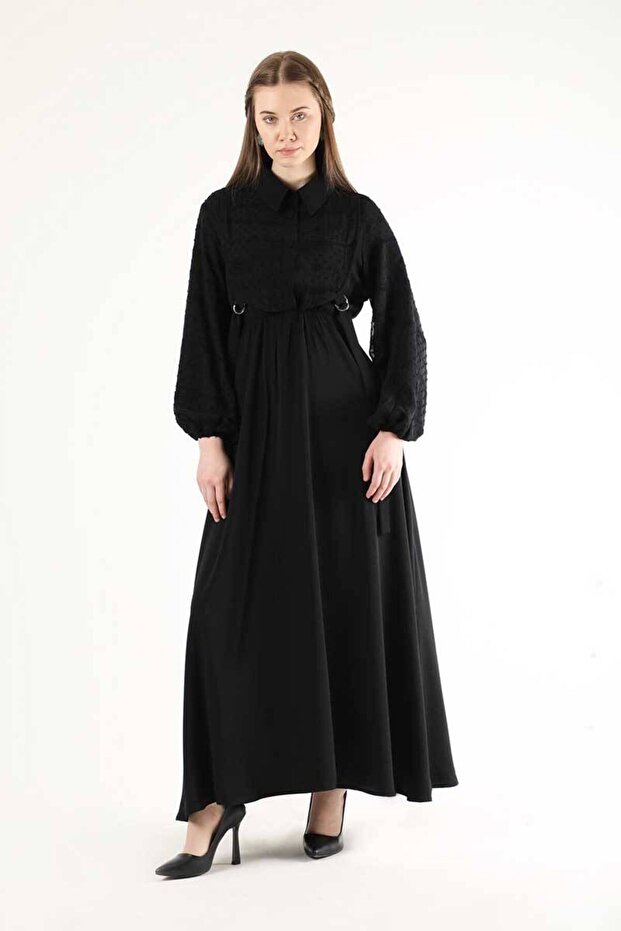 Tül Detaylı Elbise Siyah - 3