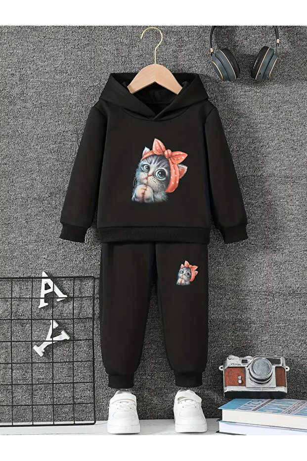 Cute Cat Printed Unisex Hooded Bottom Cotton Children's Tracksuit