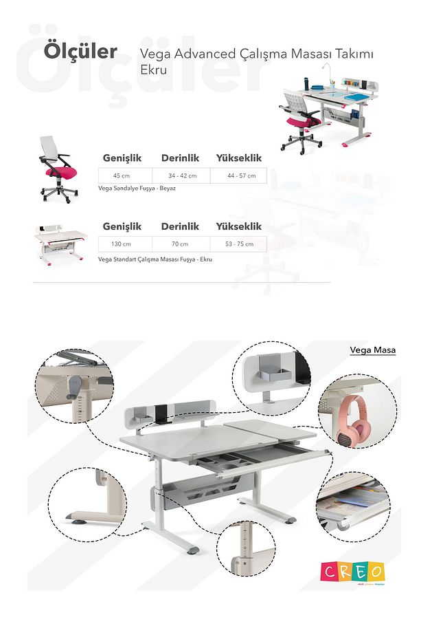 Yükseklik Ve Eğim Ayarlı, Vega Advanced Bilgisayar Ve Çalışma Masası Takımı Ekru/fuşya - 8