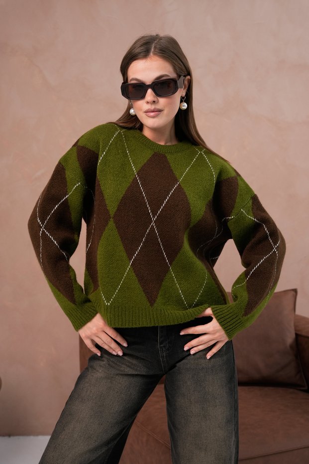 Women's Diamond Patterned Khaki Brown Crew Neck Sweater