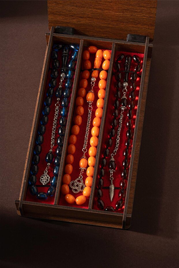 3-Piece Wooden Box Set of Special Tasseled Powdered Amber Prayer Beads