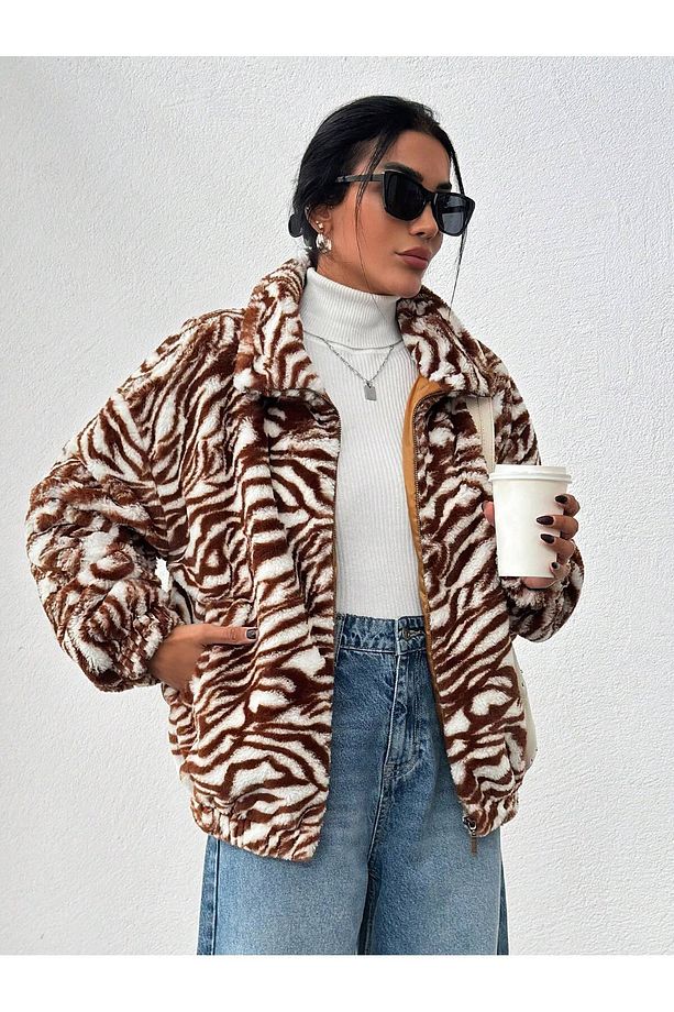 Zebra Desen Peluş Kumaş Astarlı MONT - 4