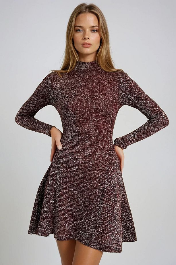 Kadın Bordo Yarım Balıkçı Yaka Simli Örme Midi Boy Kloş Elbise Prmx13317 - 4