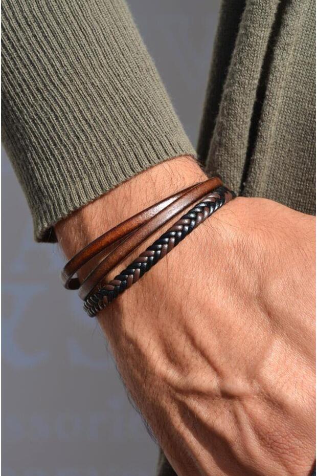 Men's Leather Bracelet - Brown, Multiple Models, Knit and Leather Design