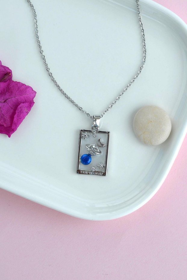 Steel Earth Pendant Tarot Necklace Planet Symbol Silver Color