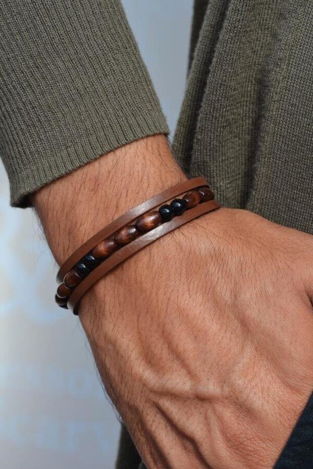 Natural Stone Leather Multi-Row Men's Leather Bracelet Brown Tone