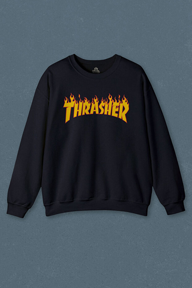 Navy Blue Sweatshirt Music Trasher Flame Blaze Logo Skateboard Hip Hop Printed Unisex Sweat