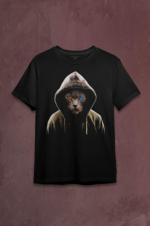 Hacker Pirate Cat with Colorful Eyes Cat Printed T-Shirt Unisex T-shirt