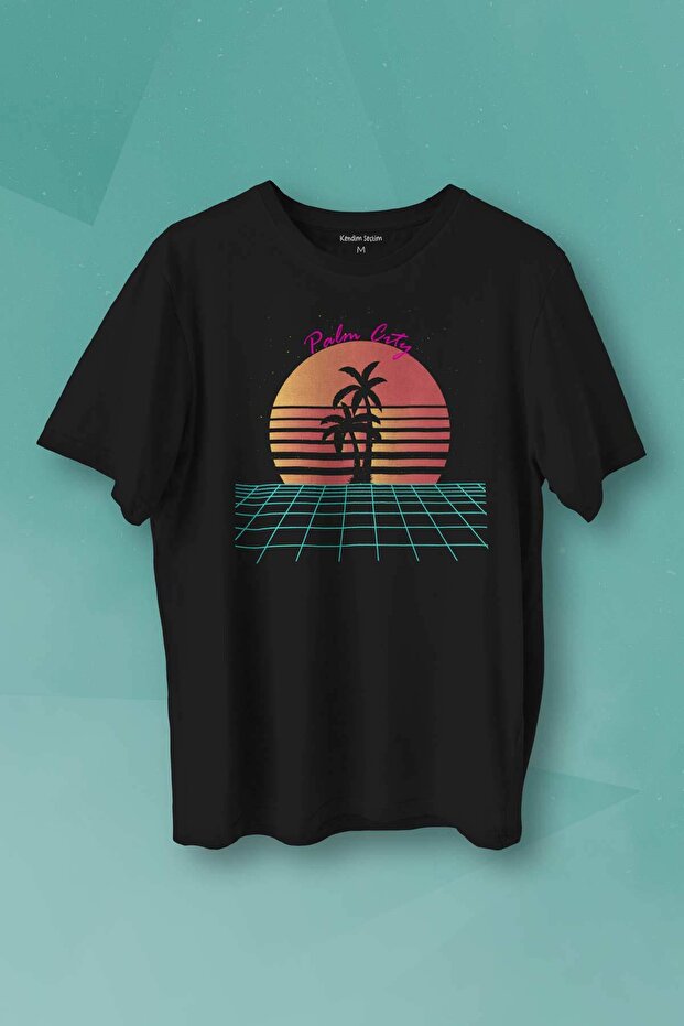 Unisex T-shirt Vaporwave Palm City Retro 80's 90's Nineties Gamer Punk Black Printed Tee
