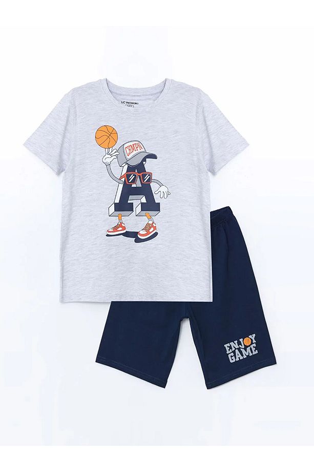 LCW Kids Gri Bisiklet Yaka Erkek Çocuk Şortlu Pijama Takımı - 1