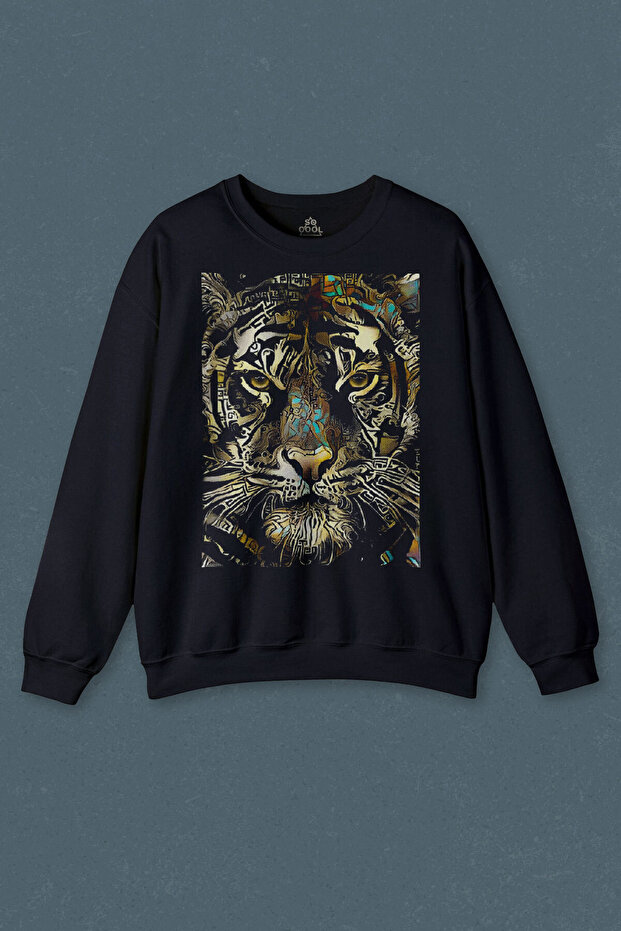 Navy Blue Sweatshirt Real King of the Jungles Wild Tiger Head Tiger Printed Unisex Sweat