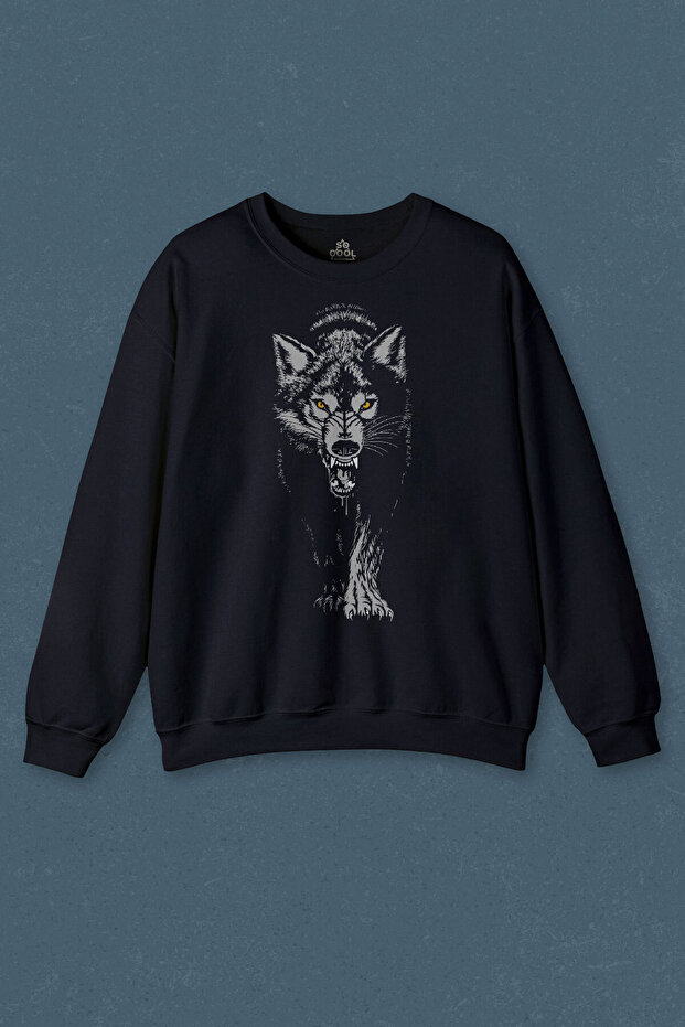 سويت شيرت أزرق داكن Gray Wolf Wolf Head Wolf Gray Gray Wolf مطبوع للجنسين