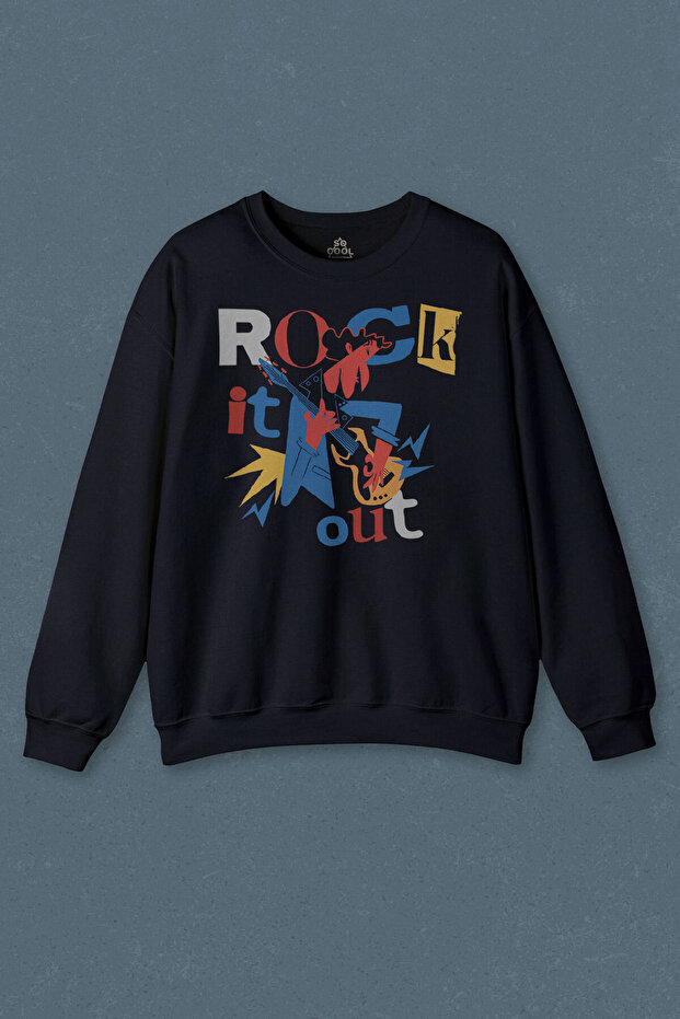Navy Blue Sweatshirt Rockstar Rock It Out Guitar Guitarist Printed Unisex Sweat