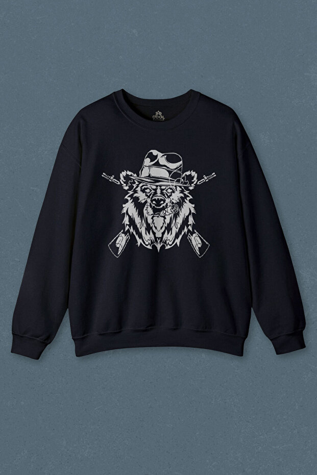 Navy Blue Sweatshirt Gangster Style Bear Smoke Gung Rifled Bear Printed Unisex Sweat