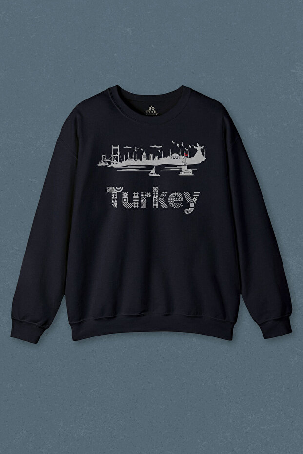 Navy Blue Sweatshirt Istanbul Eminönü Maiden's Tower Hagia Sophia Turkey Turkey Printed Unisex Sweat