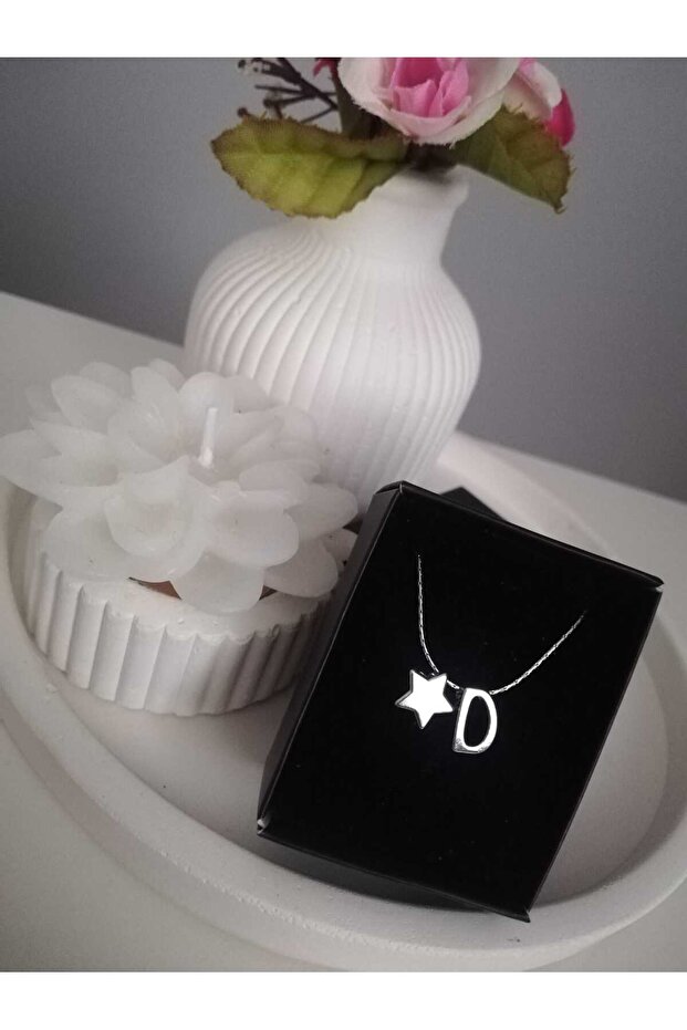 Mini Star Detailed Silver Color Letter Necklace, Initial Letter Necklace