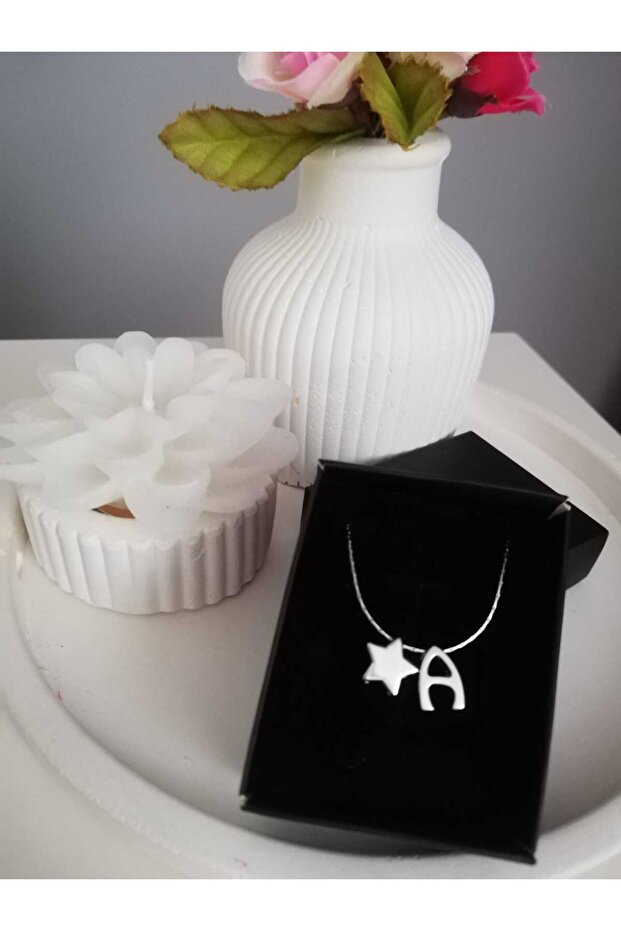 Mini Star Detailed Silver Color Letter Necklace, Initial Letter Necklace