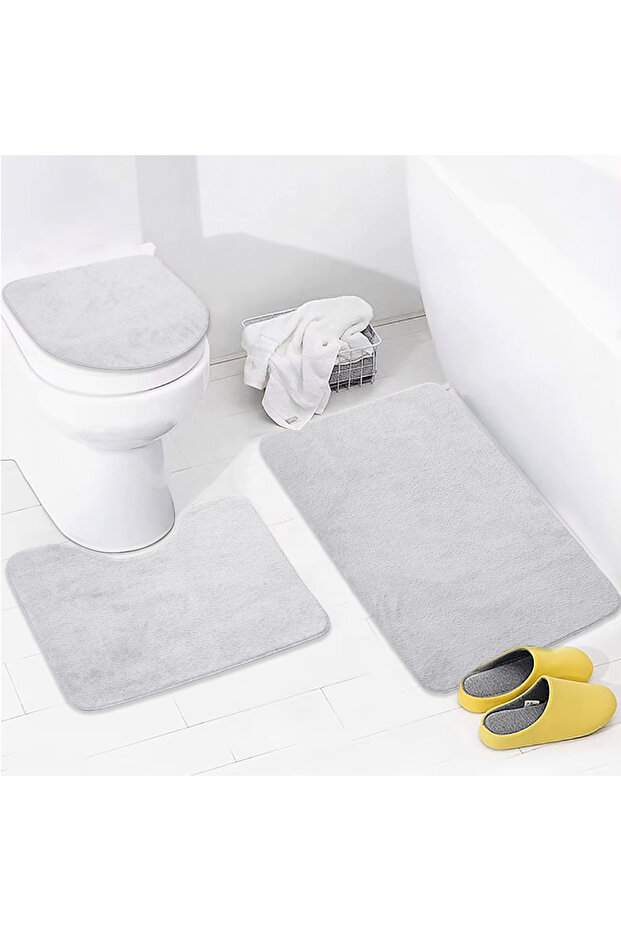 Unicolor Plain Gray 3-Piece Bath Mat Rug Set Non-Slip Toilet Seat Set