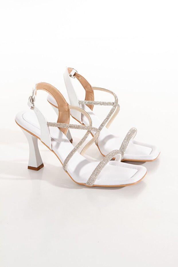 Stoned Fancy Thin Heeled Sandals Summer Shoes-Vtr0371-White