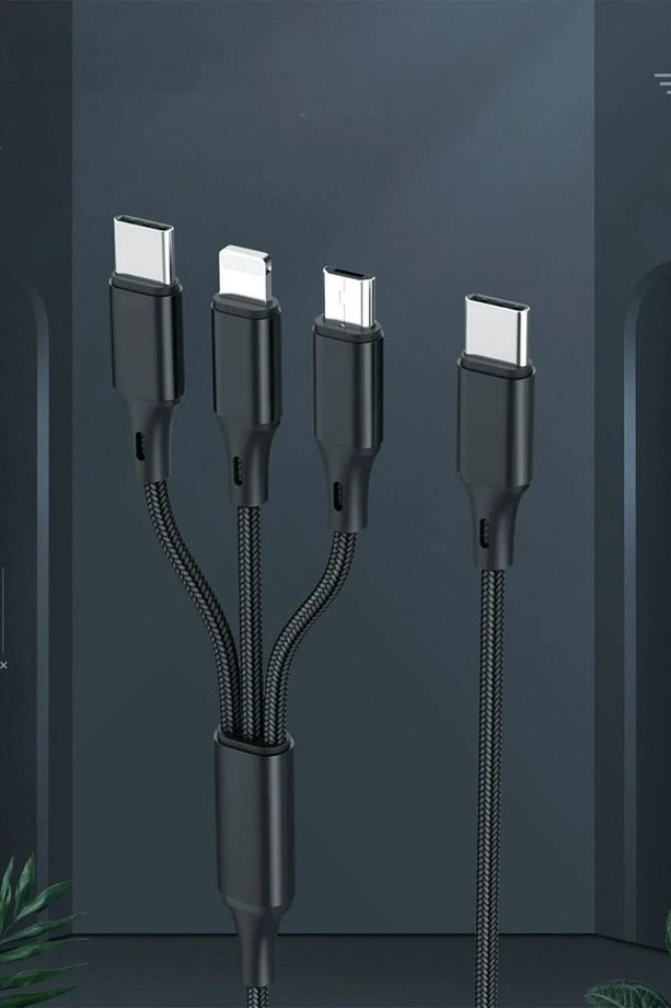 Çoklu Şarj Kablosu 3 Başlıklı Siyah | iPhone, Android, Type-C Uyumlu - 5