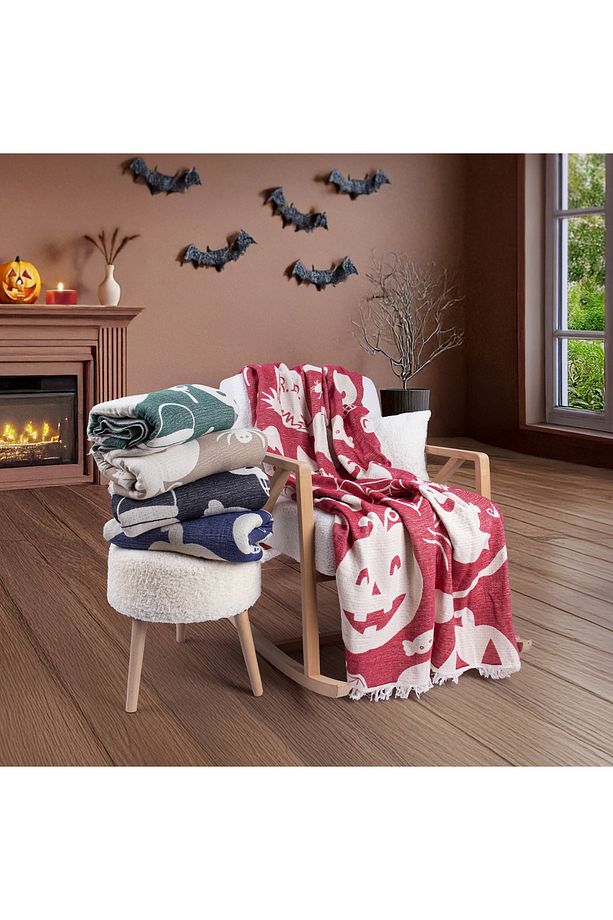 4 Kat Müslin Pike Tek Kişilik %100 Pamuklu Jakarlı Yatak Örtüsü Tv Battaniyesi 140x200 Halloween - 4