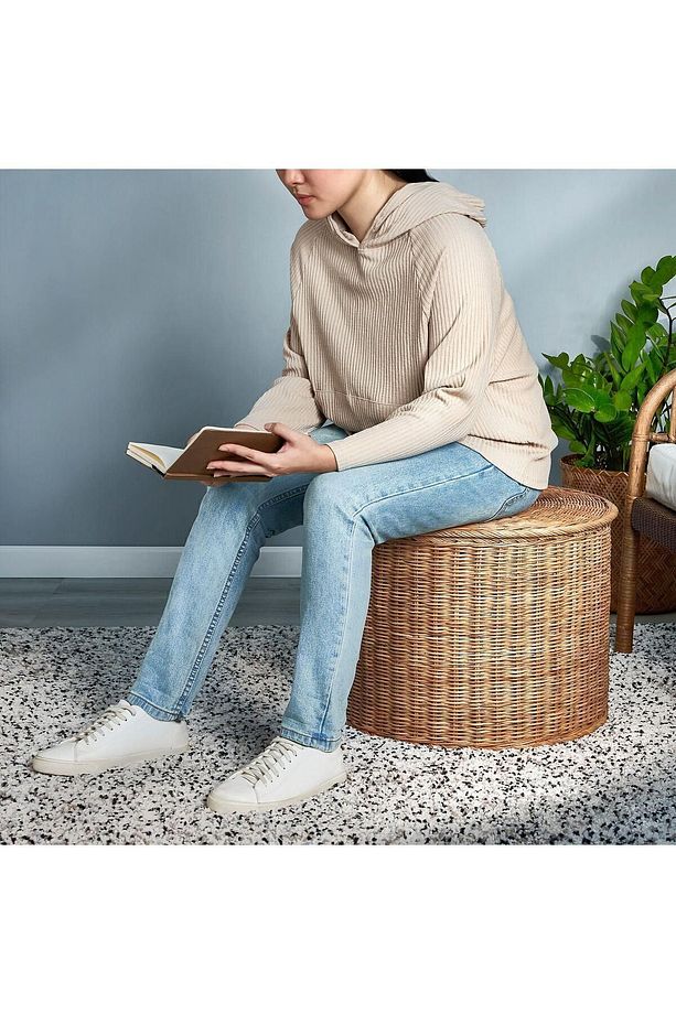 Rattan, Kapaklı Saklama Gözlü Puf , El Yapımı Saklama Kutusu - 3