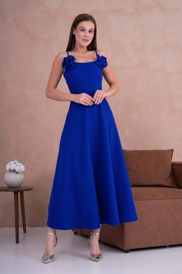 Women's Midi Length Cobalt Blue Flared Dress with Detachable Rose Accessories and Adjustable Straps 258