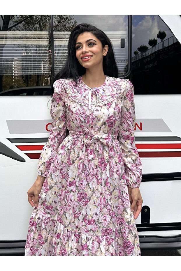 Pink Soft Floral Layered Dress with Hijab Mobile Collar