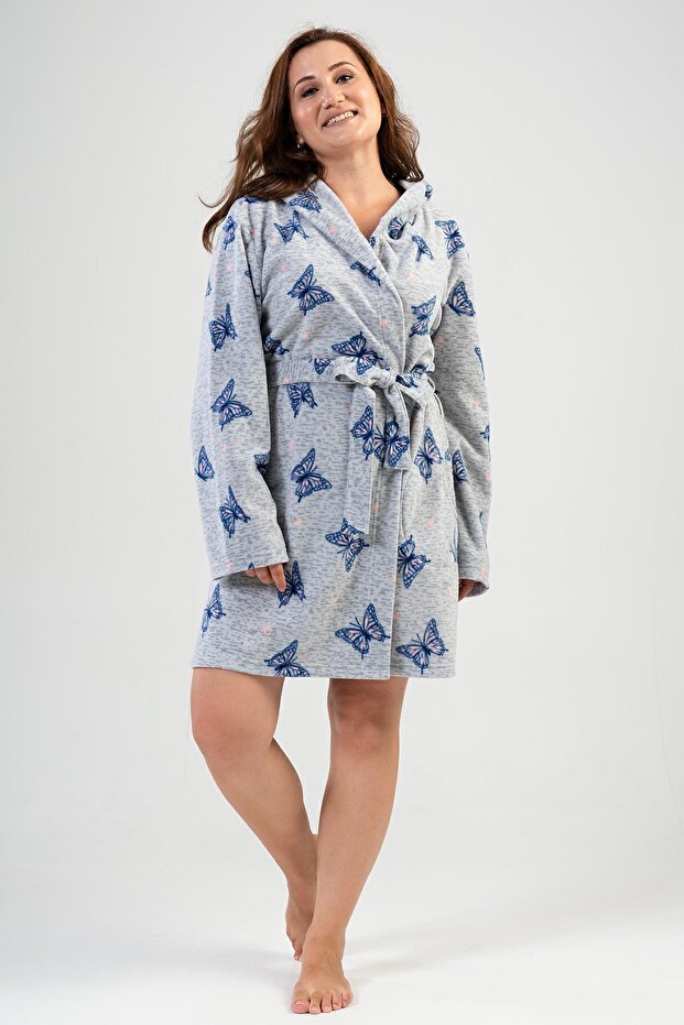 Women's Plus Size Long Hooded Gray Fleece Dressing Gown C3T9N1O302
