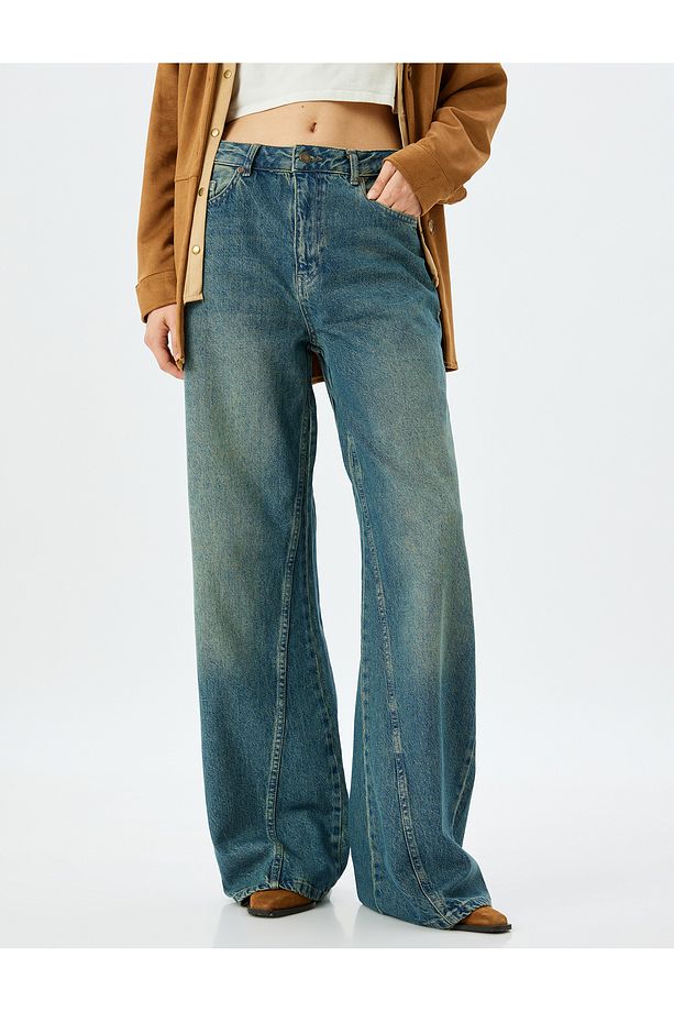 Geniş Paça Yüksek Bel Cep Detaylı Düğmeli Kot Pantolon - Wide Leg Jean - 3