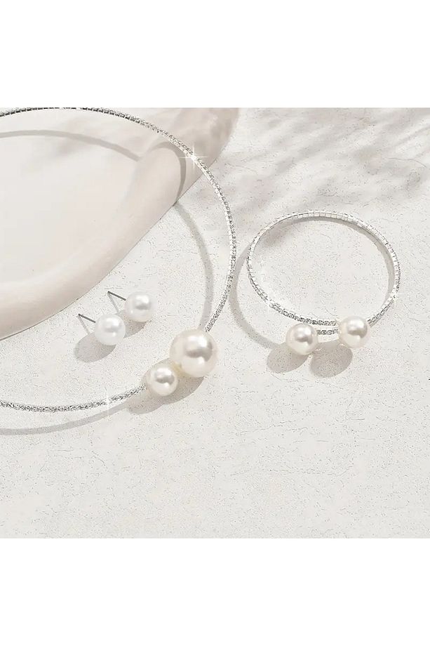İnci Kolye Küpe Bilezik Set - 3