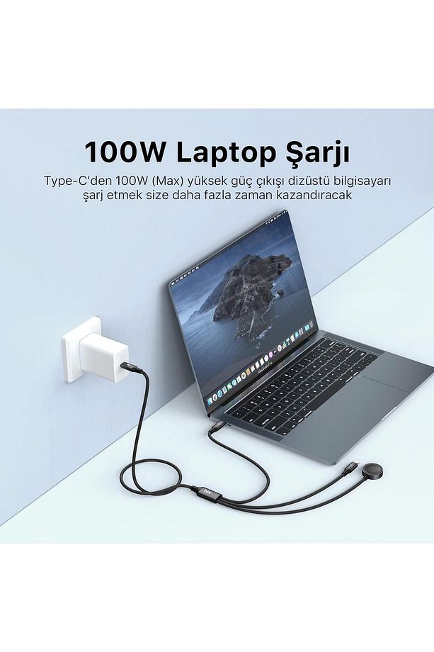100w Type-c Lightning Ve Apple Watch Için 3’ü 1 Arada Çoklu Şarj Ve Data Kablosu Koyu Gri 1.2 Me - 5