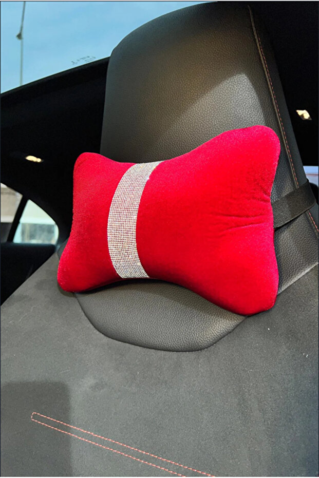 Red Plain Velvet Silver Vertical Striped Neck Pillow 1 Piece
