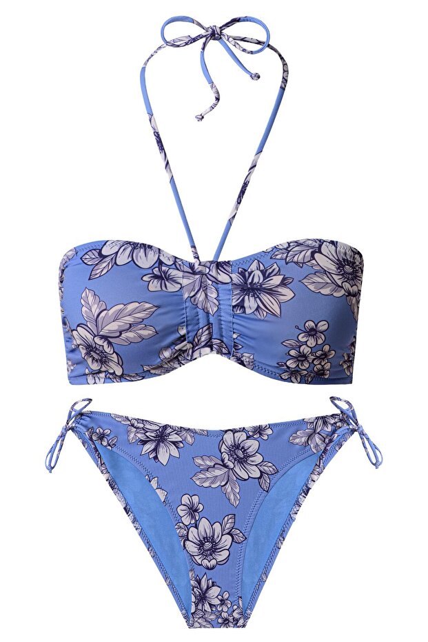 طقم بيكيني بدون حمالات منقوش بالزهور البيضاء - 7