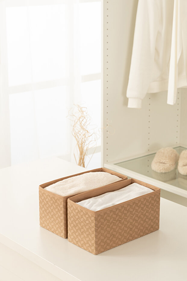 Set of 2 Herringbone Pattern Beige Children's Room Closet Drawer Inside Laundry Organizer Storage Box Organizer