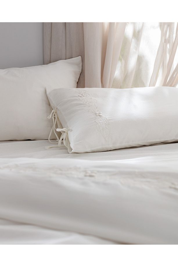 King Size %100 Pamuk Nakışlı Nevresim Takımı - Ekru - 5