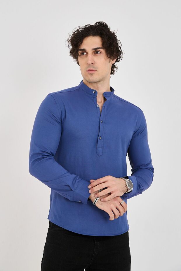 Slim Fit Indigo Half Placket Judge Collar Flexible Cotton Men's Shirt