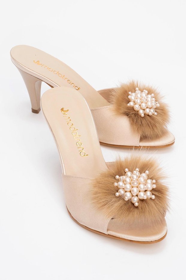 Women's Furry Pearl Heeled Slippers Ten Saten