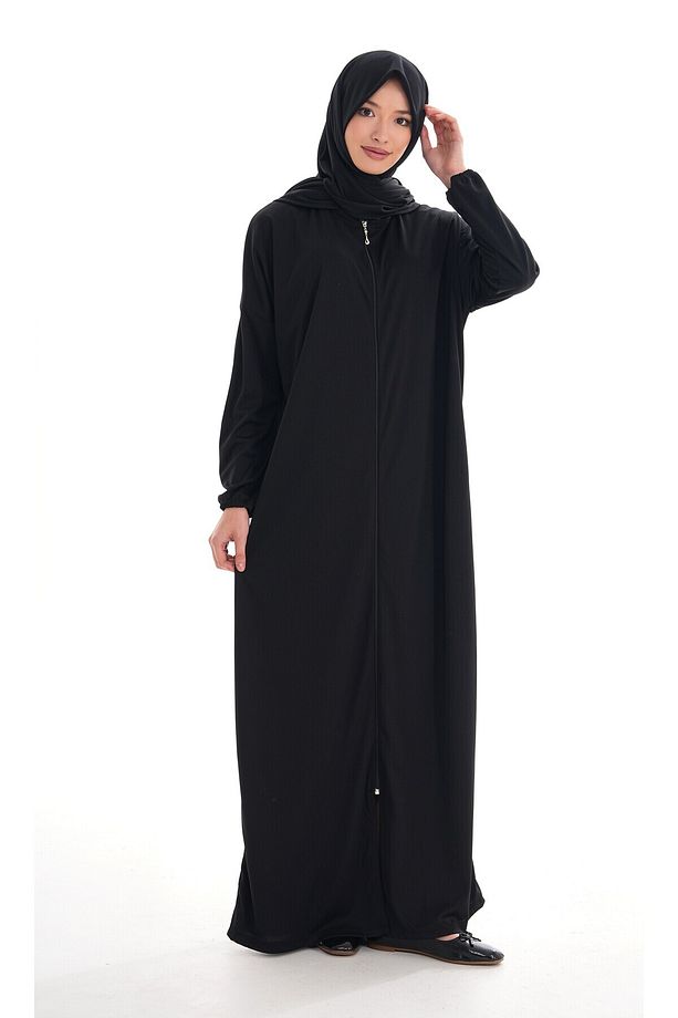 Şallı Fermuarlı Pratik Namaz Elbisesi - SIYAH - 1