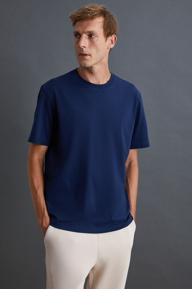 Solo Erkek %100 Organik Pamuklu Kalın Dokulu Comfort Fit Bisiklet Yakalı Lacivert T-shirt - 1