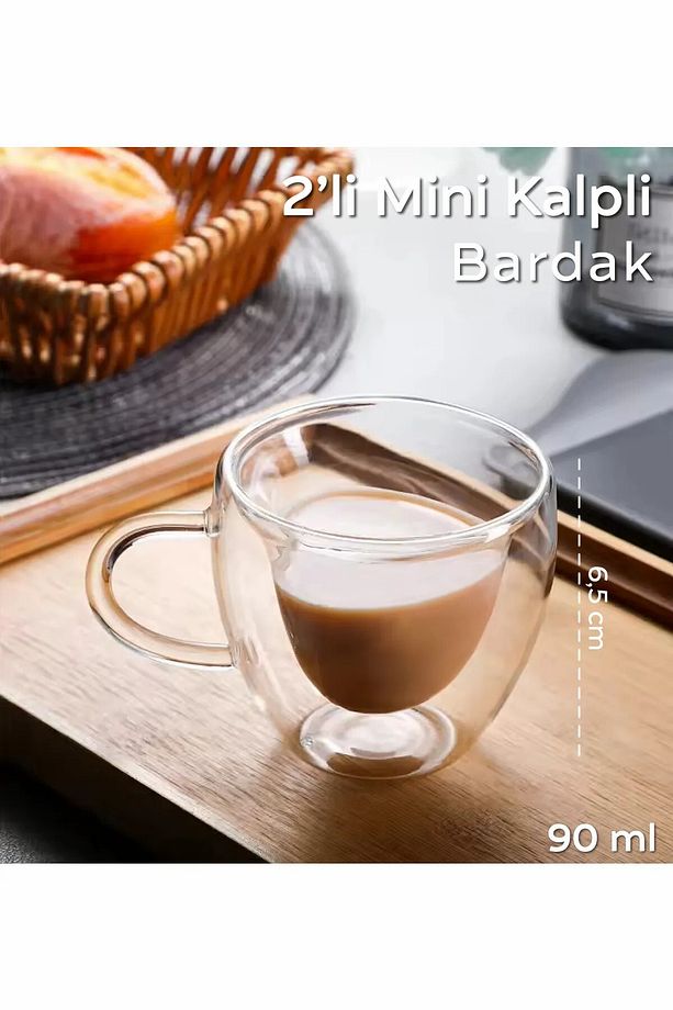 2'li Kalpli Çift Cidarlı Kahve Yanı Bardak 90 ml - 1