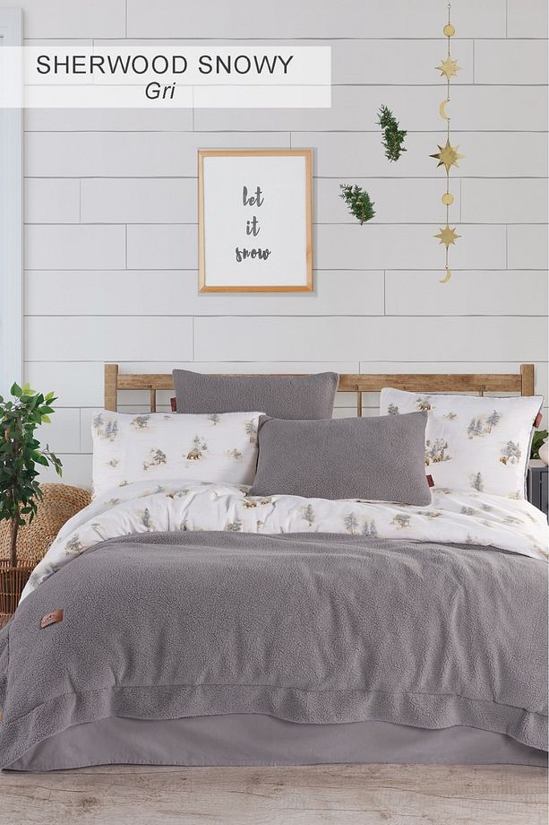 Sherwood Snow  Tek Kişilik %100 Pamuk Flanel Yatak Örtüsü Seti Antrasit - 1