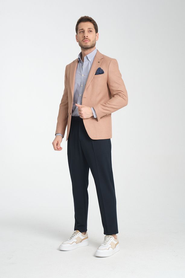 Fevual Erkek Bej Mono Yaka Diagonal Desenli Slim Fit Spor Blazer Ceket - 7