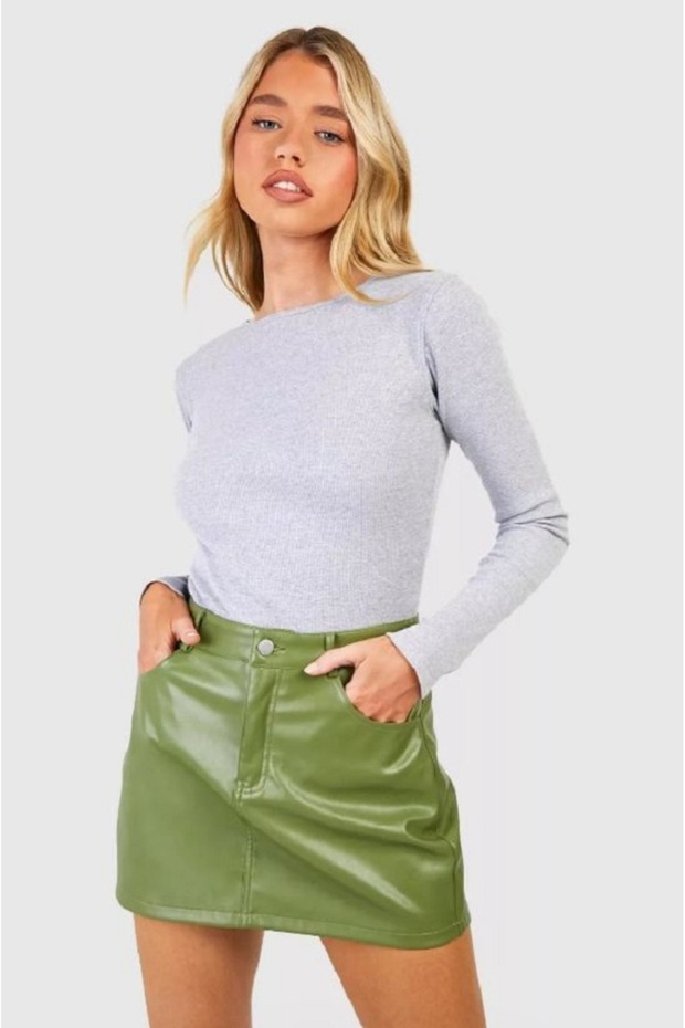 Women's Gray Melange Long Sleeve T-Shirt & Blouse, Ribbed Camisole Fabric