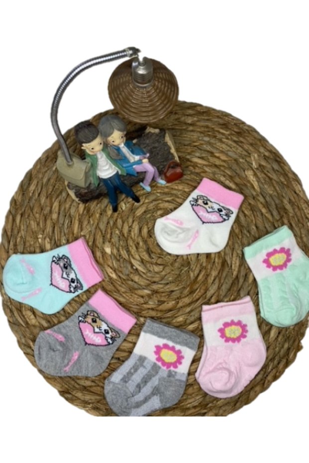 6'Pair Sweet Cat & Flower Embossed Pattern Newborn Baby Socks