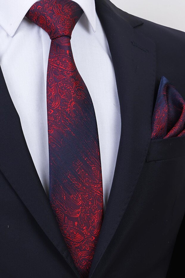 Hand Made 8 cm Red Navy Blue Patterned Handkerchief Tie