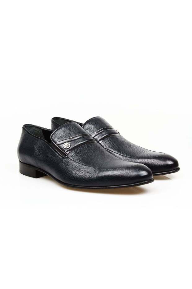 Dark Blue Color Laceless Genuine Leather Men's Shoes
