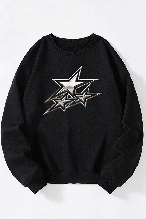 Silver Stars Printed Women/Men Black Crew Neck Cotton Sweatshirt